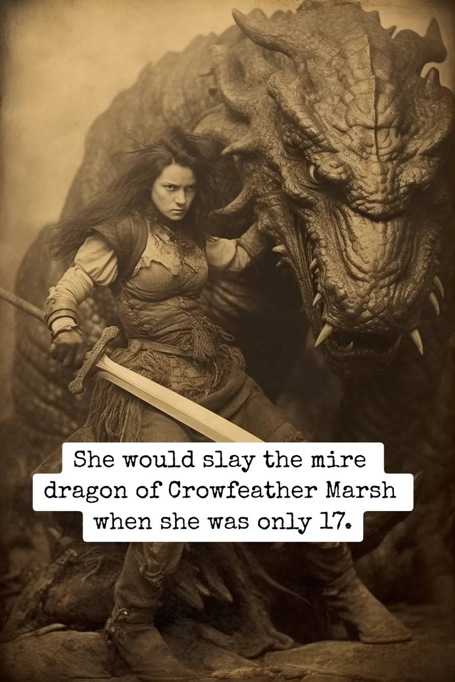 muscular woman defeating a dragon