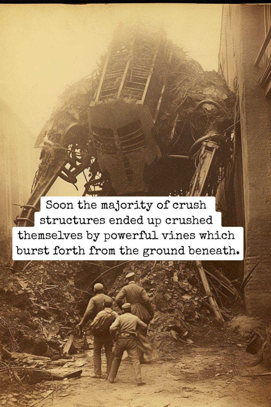 large machine crushed by vines