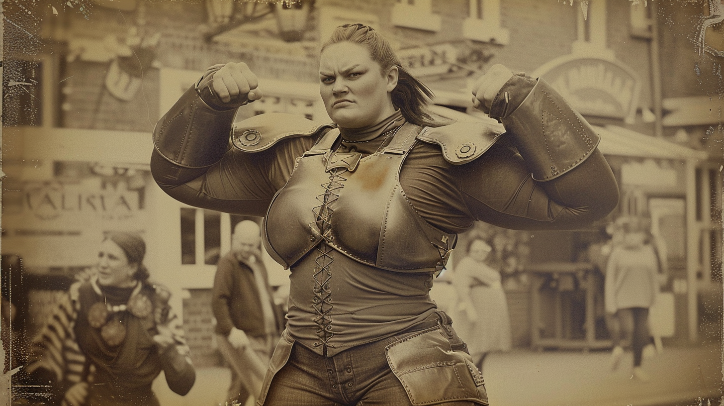muscular woman in leather armor flexing