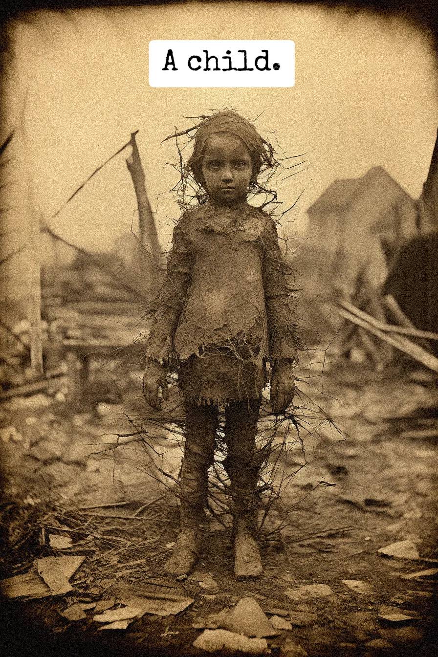 child standing in wreckage