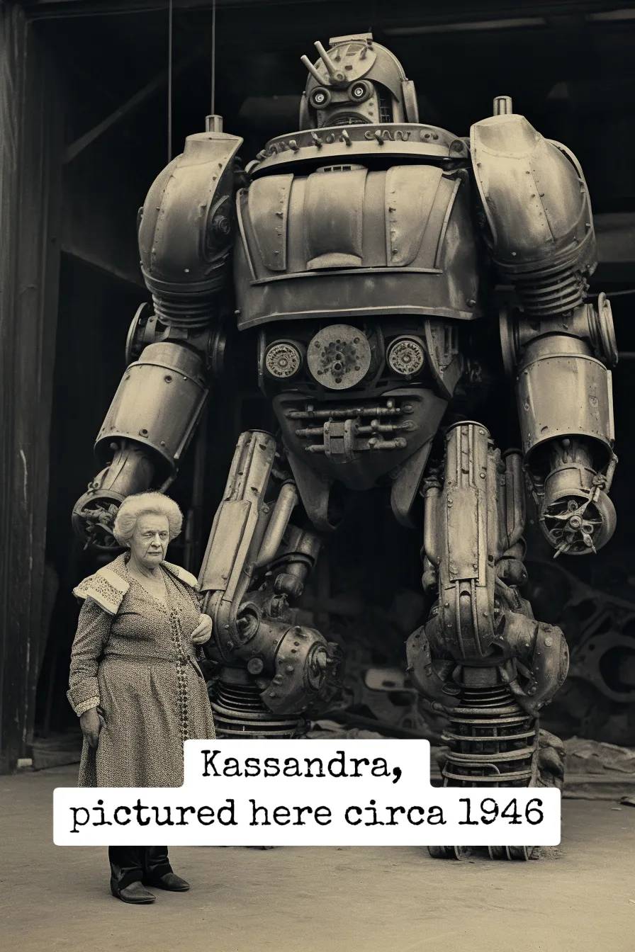 old woman standing in front of a giant robot