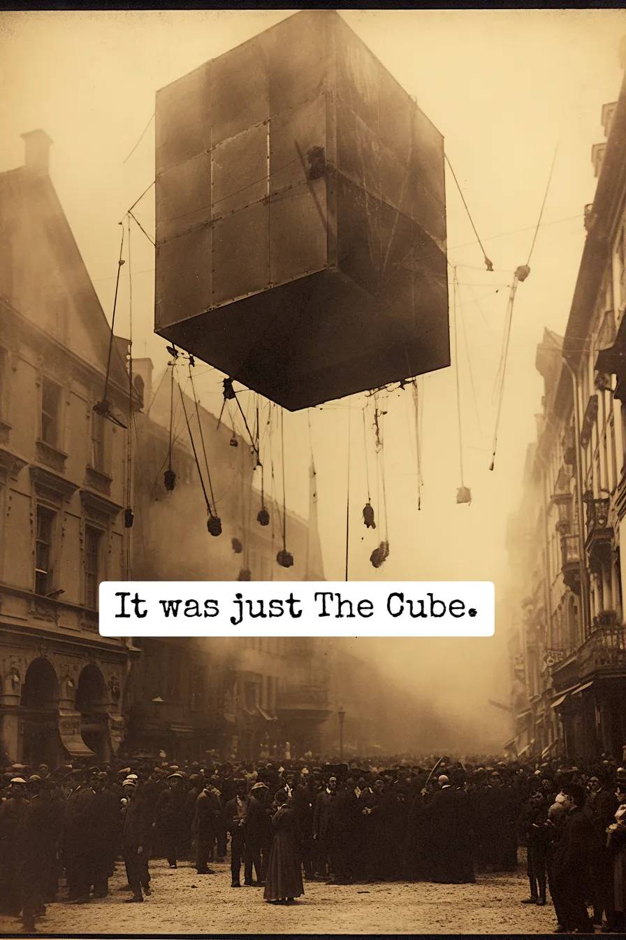 cube floating over a city street