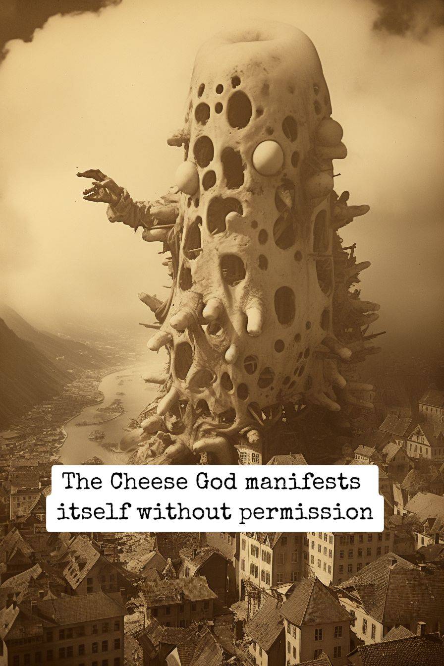 god of cheese looms over a city