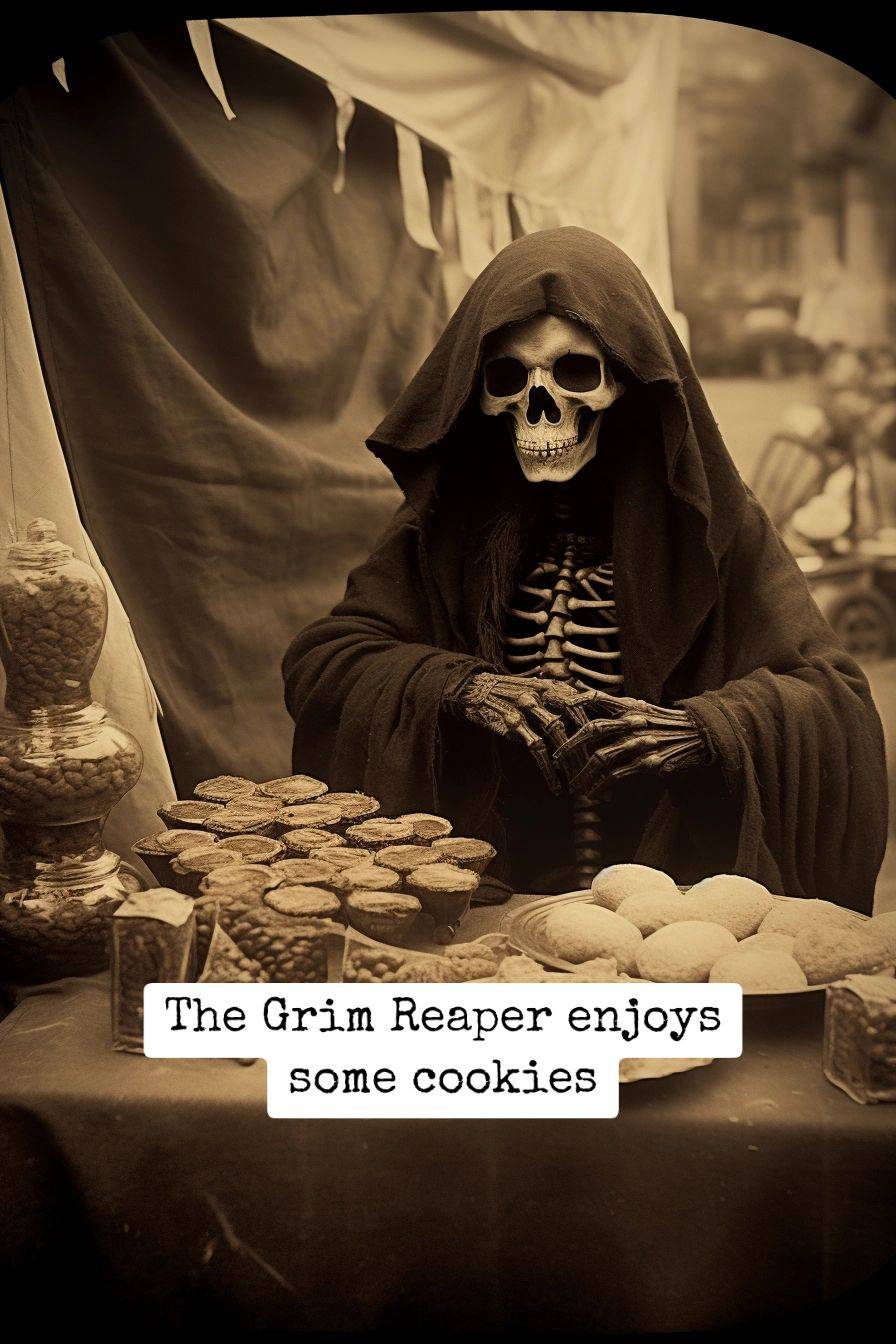 Grim Reaper eating cookies