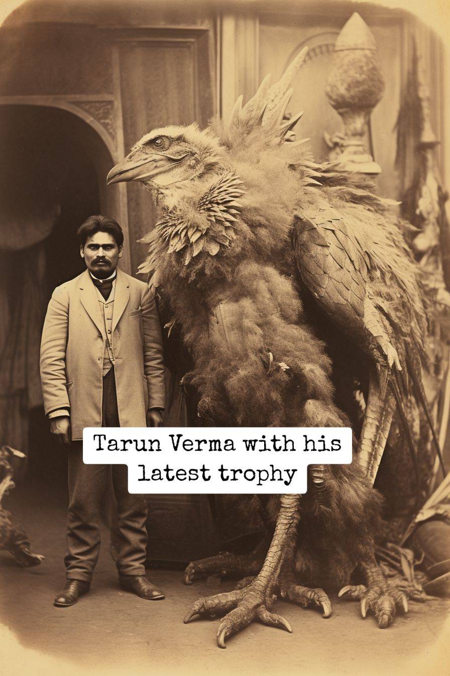 indian man with large taxidermied bird