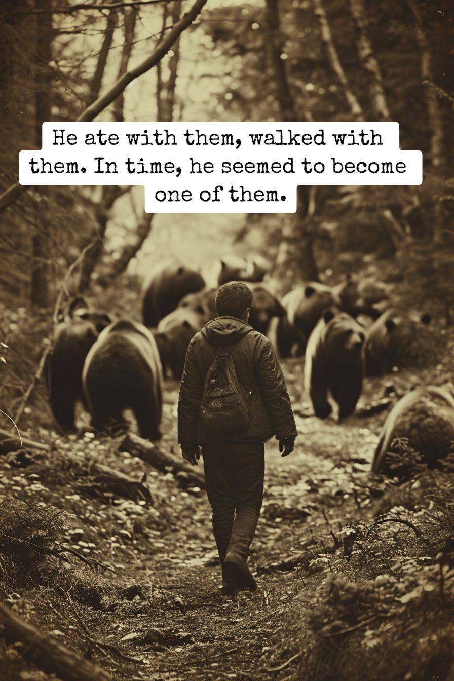 man walking with bears