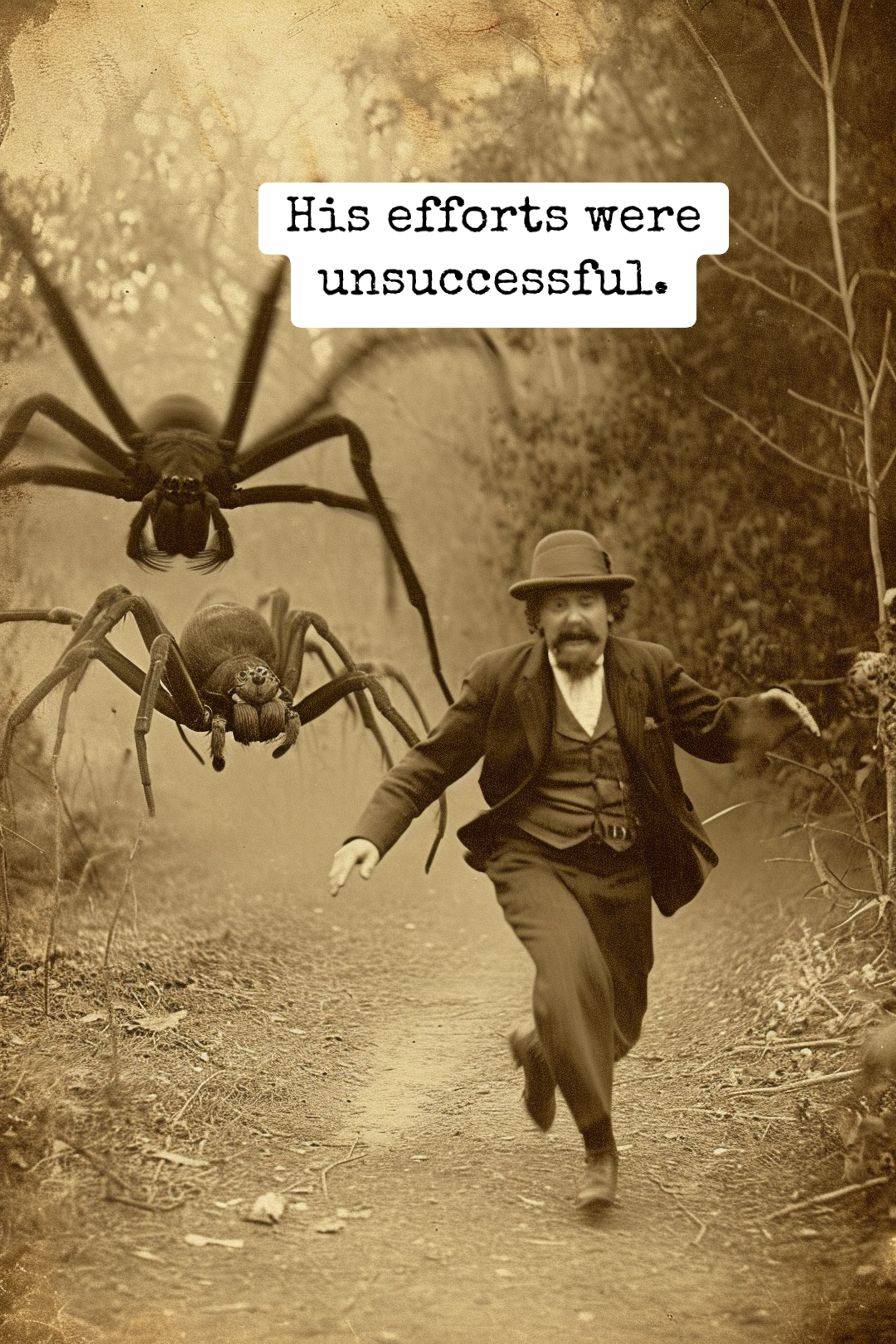 man chased by giant spiders